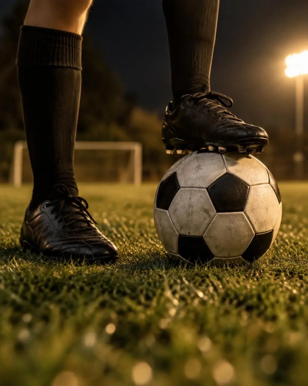 Gros plan sur des crampons noirs et un ballon posés sur la pelouse d'un terrain éclairé de nuit