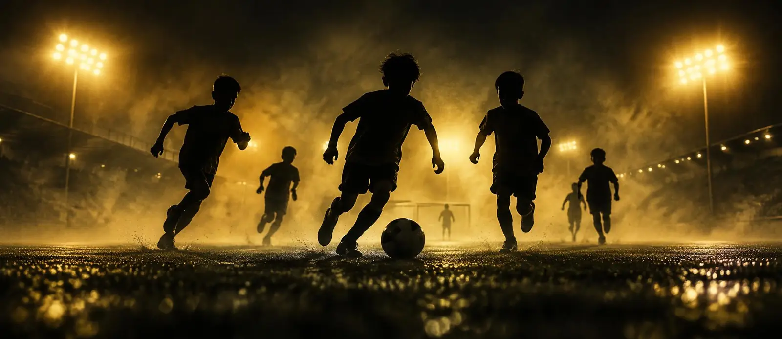 Silhouettes de jeunes footballeurs courant après un ballon, à contre-jour sous des projecteurs dorés