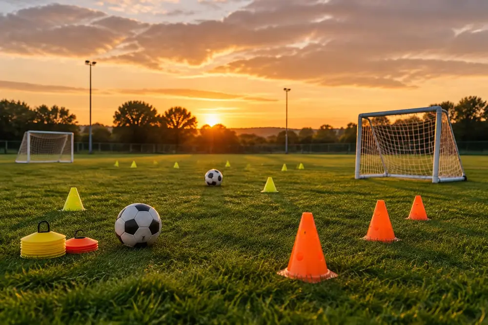 Terrain d'entraînement au coucher du soleil avec des plots orange et jaunes, des ballons et des mini-buts